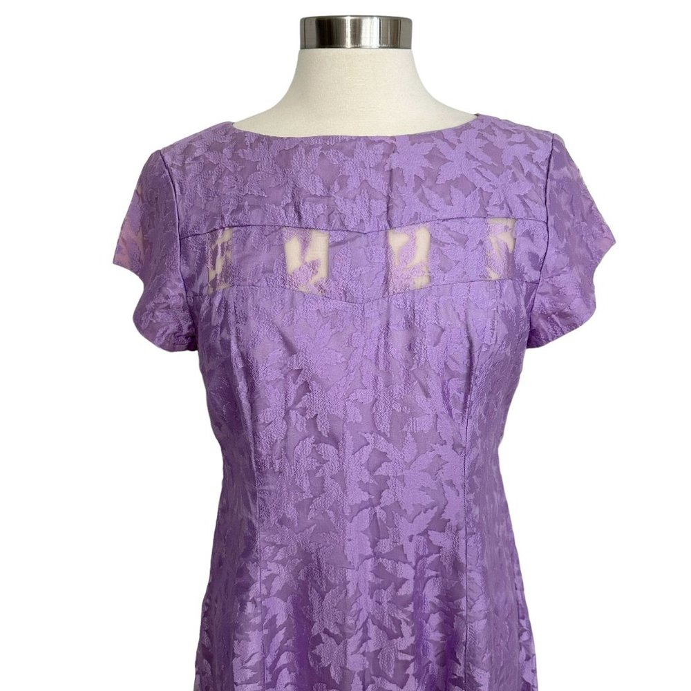 Vtg 1970s Large Lilac Purple Sheer Floral Chiffon Modest Short Sleeve Prom Dress - Picture 3 of 15